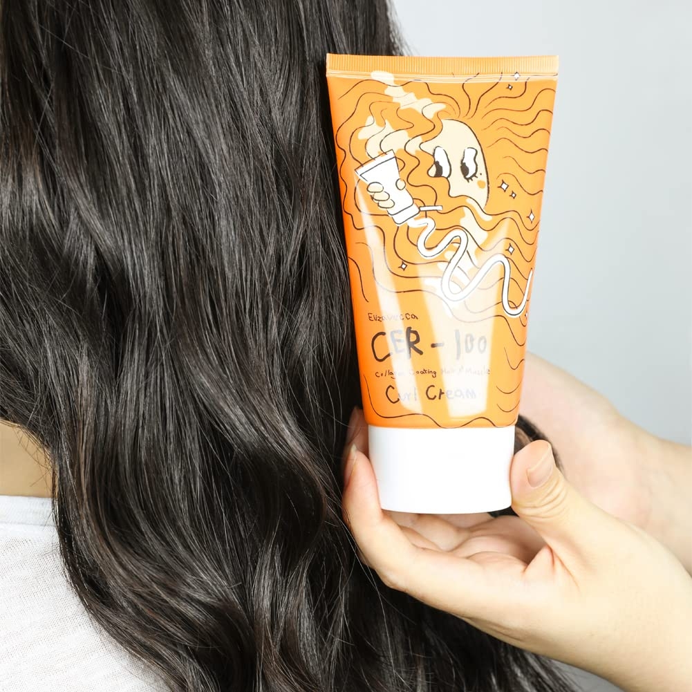 Elizavecca CER-100 Collagen Coating Hair A+ Muscle Curl Cream tube held against wavy hair