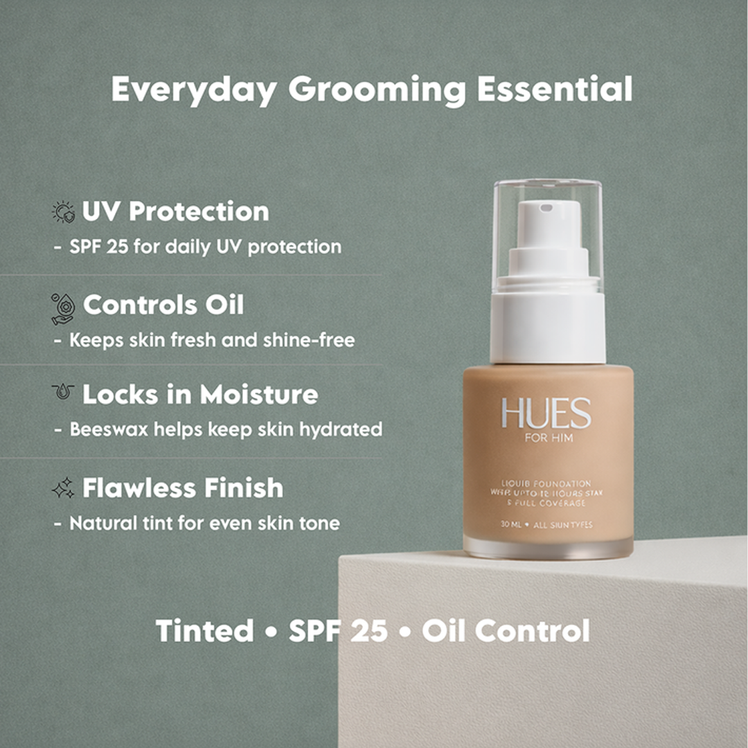 Hues For Him Liquid Foundation 20ml front view with cream texture smear