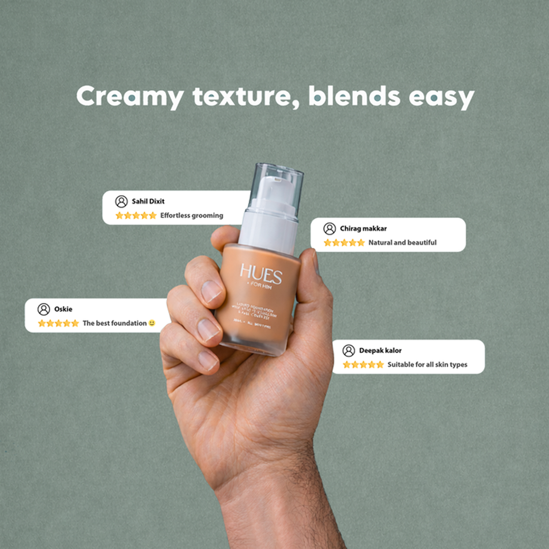 Hues For Him Liquid Foundation before and after on men's skin