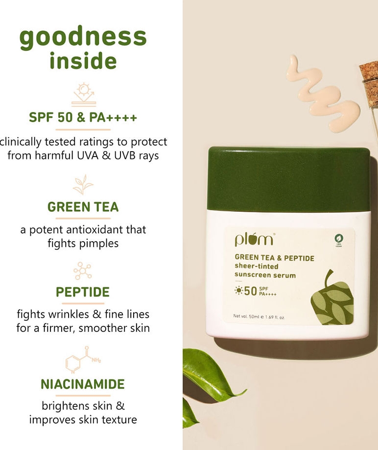 Plum Green Tea & Peptide Sheer-tinted Sunscreen Serum with SPF 50 & PA++++ |UVA & UVB Protection | No White Cast | 100% Vegan | 50ml – image 4 of 9