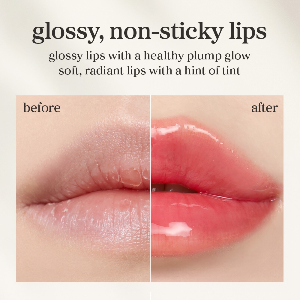 NOONI Appleberry Lip Oil 3.7mL before and after glossy tinted lips