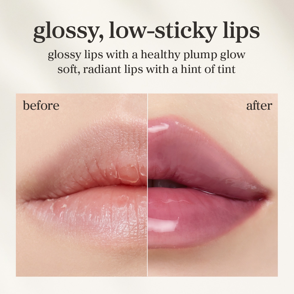 NOONI Appleblacktea Lip Oil 3.7mL before and after glossy low-sticky tinted lips