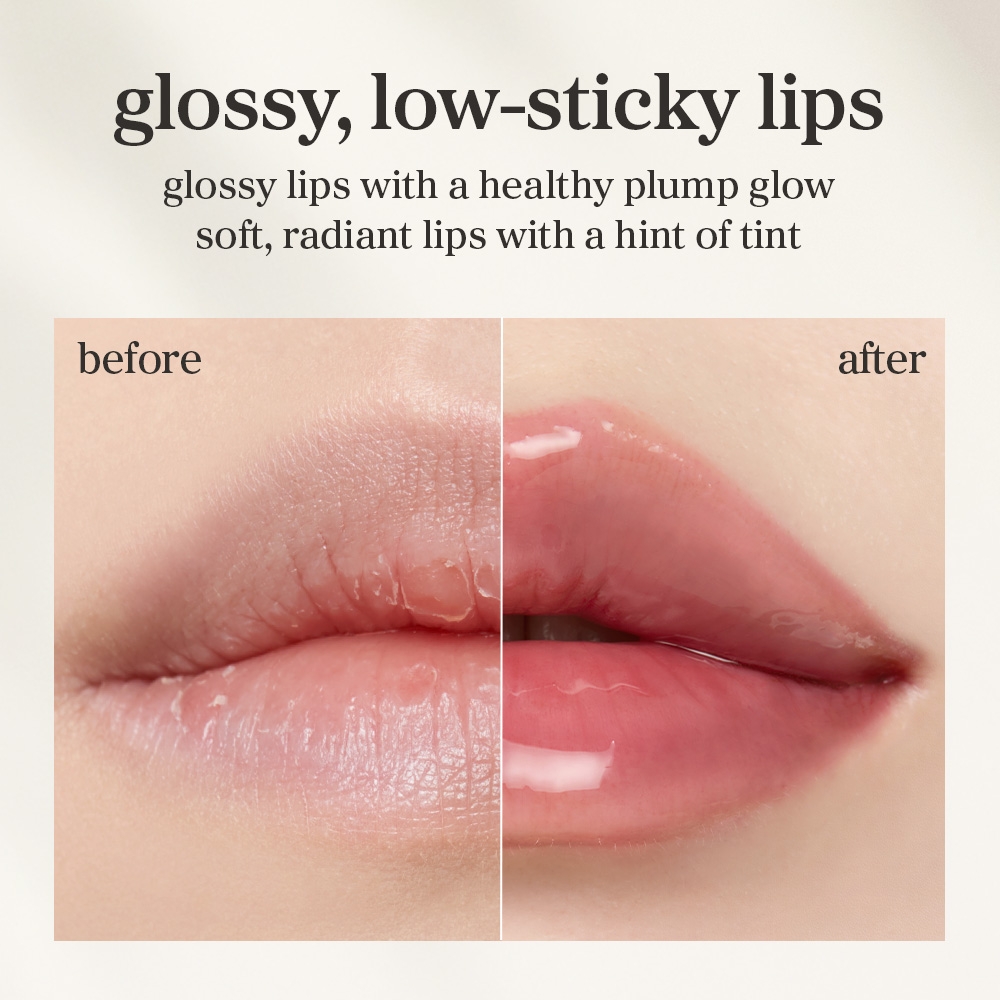 NOONI Appleginseng Lip Oil 3.7mL before and after, glossy low-sticky lips