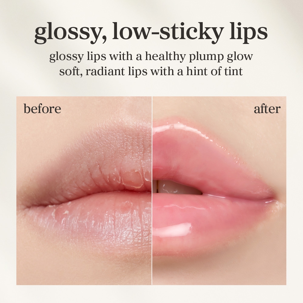 NOONI Applepeony Lip Oil 3.7ml before and after, glossy low-sticky lips