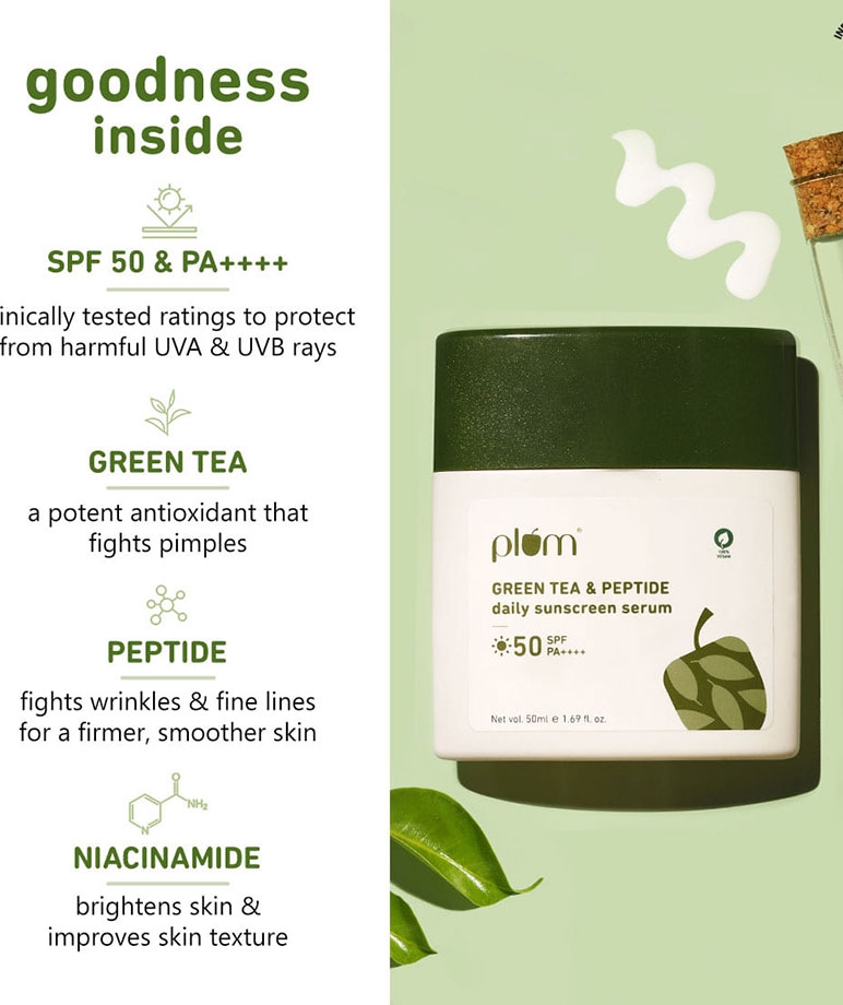 Plum Green Tea & Peptide Daily Sunscreen Serum with Broad-spectrum SPF 50 & PA++++ || No White Cast | 100% Vegan | 50ml – image 4 of 9