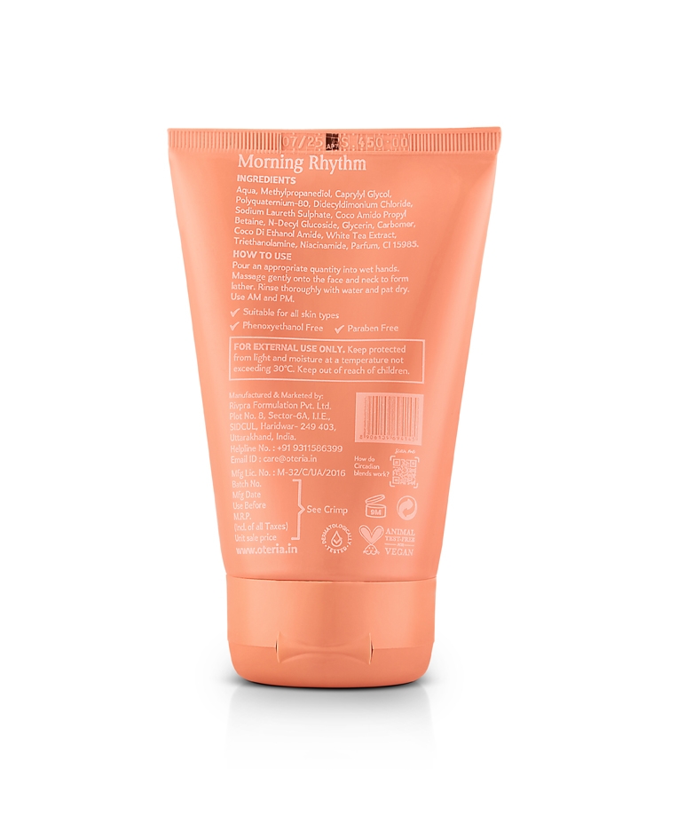 Oteria White Tea Face Wash 100ml back label ingredients and how to use