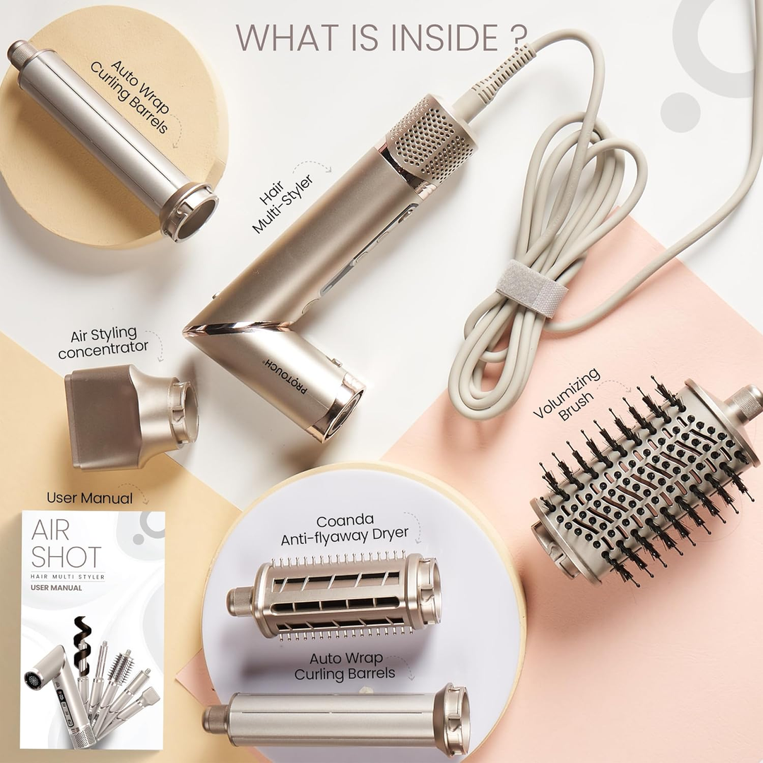 Protouch Airshot Multipurpose Automatic Hair Styler set contents with 5 attachments