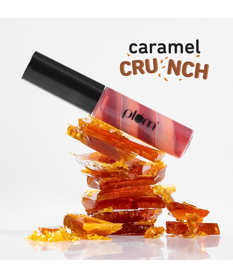 Plum Soft Swirl Lip Gloss 121 Caramel Crunch tube closeup, pink nude and deep red swirl