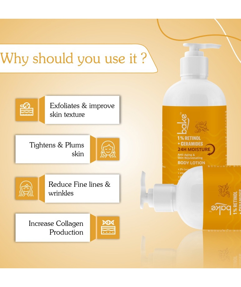 BAKE 1% Retinol & Ceramides 24H Moisture Body Lotion benefits: exfoliates, tightens, reduces fine lines, collagen