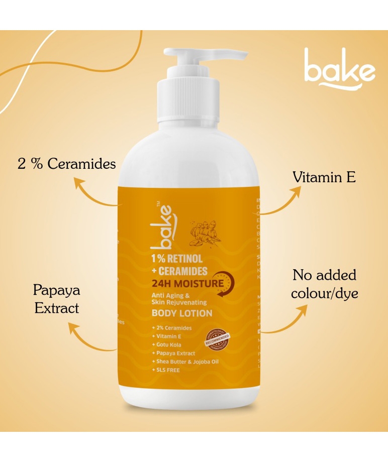 BAKE 1% Retinol & Ceramides 24H Moisture Body Lotion front label with 2% ceramides, vitamin E, papaya extract