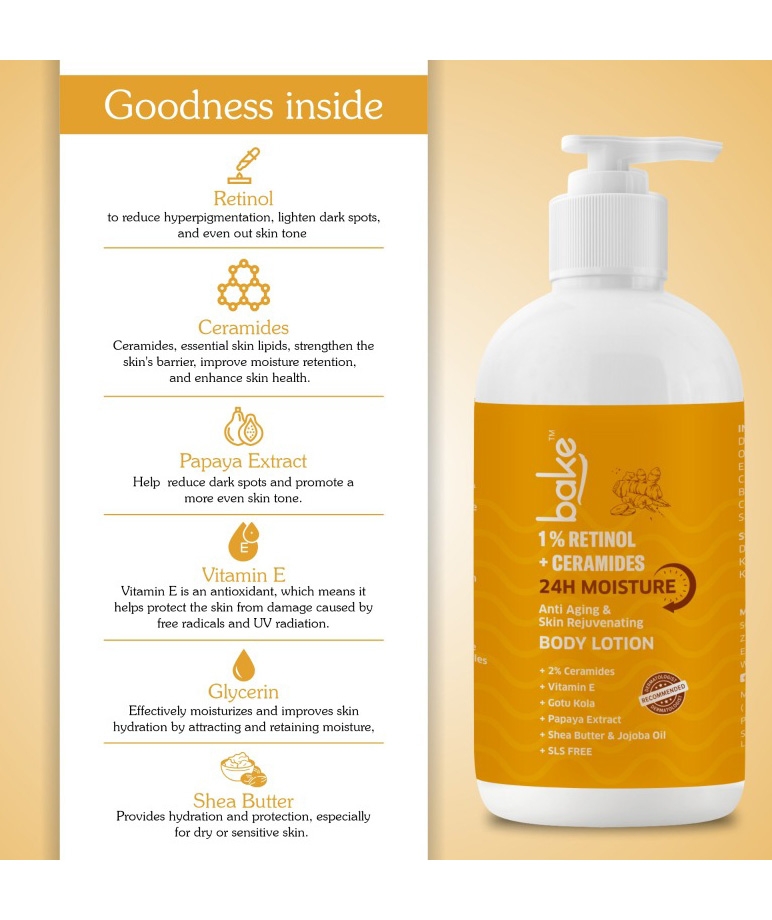 BAKE 1% Retinol & Ceramides Body Lotion key ingredients: retinol, ceramides, papaya, vitamin E, glycerin, shea butter