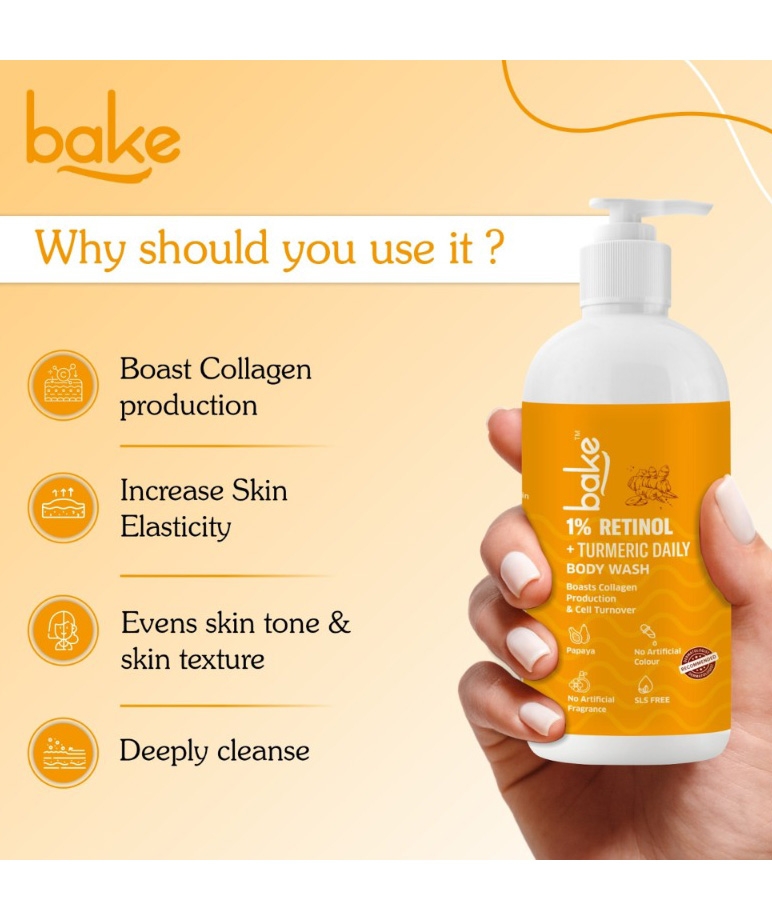 BAKE 1% Retinol + Turmeric Daily Body Wash benefits: collagen, skin elasticity, even skin tone, deep cleanse
