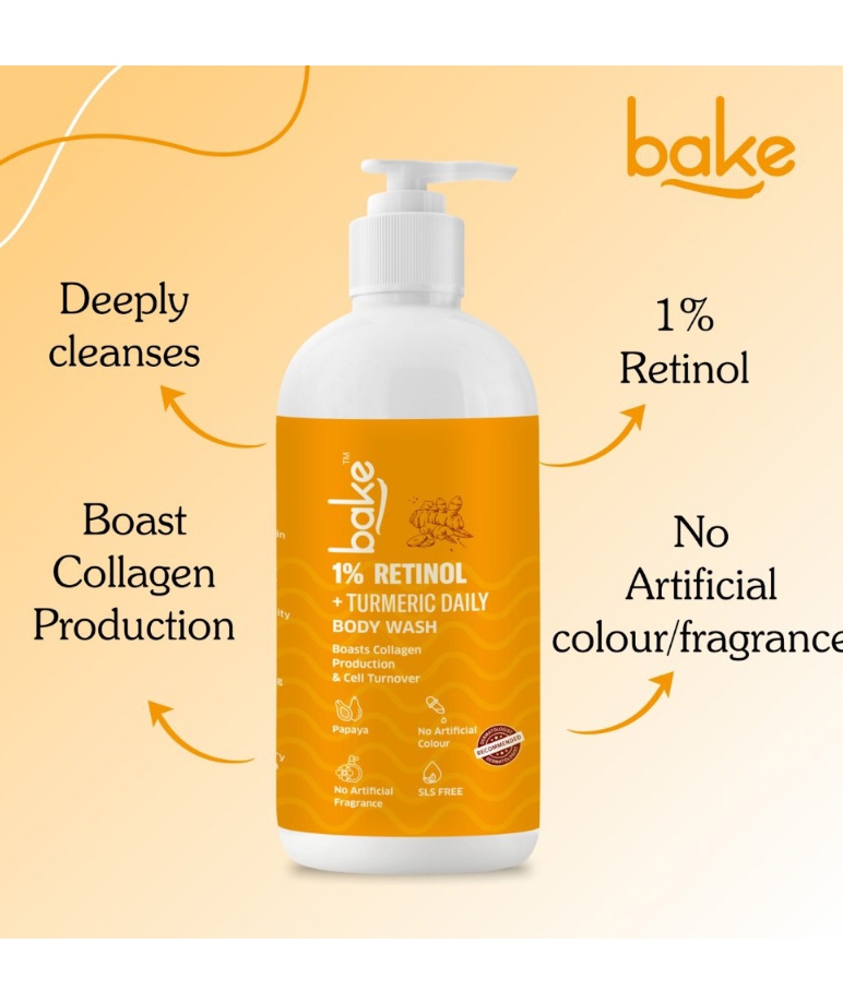 BAKE 1% Retinol + Turmeric Daily Body Wash front label, no artificial colour or fragrance