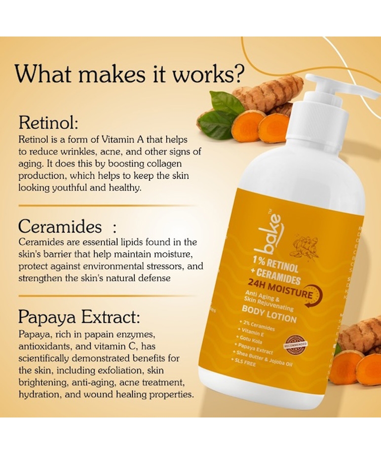 BAKE 1% Retinol & Ceramides Body Lotion how it works: retinol, ceramides, papaya extract