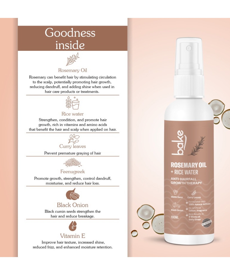BAKE Rosemary + Rice Water Hair Growth Therapy 100ml goodness inside, key ingredient benefits