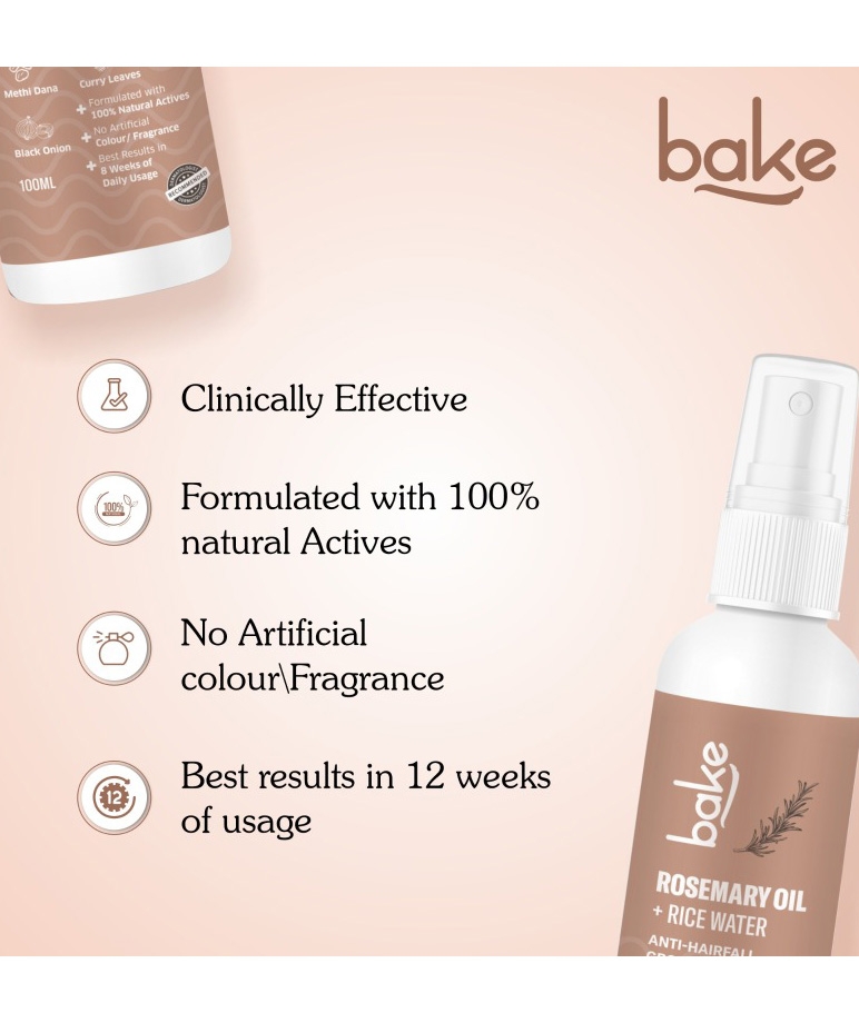 BAKE Rosemary Oil + Rice Water Hair Growth Therapy 100ml claims, natural actives, no artificial fragrance
