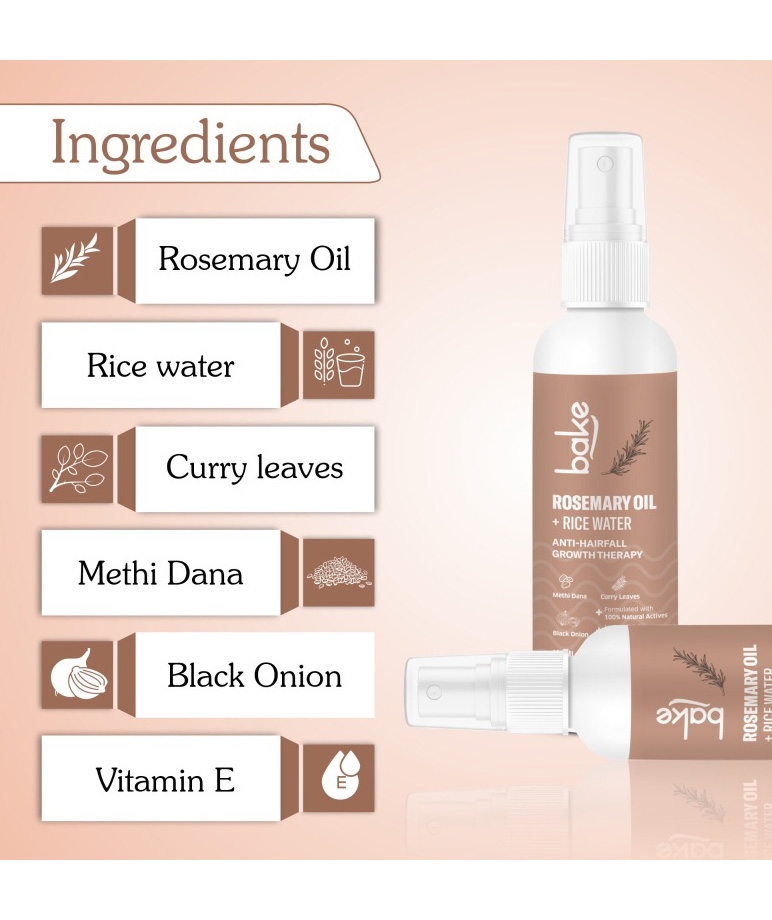 BAKE Rosemary + Rice Water Hair Growth Therapy ingredients list, rosemary oil, methi dana, black onion