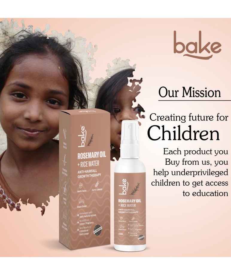 BAKE Rosemary Oil + Rice Water Anti-Hairfall Growth Therapy box and bottle, brand mission for children