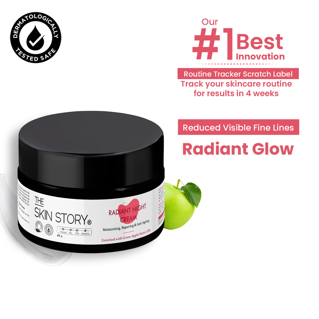 The Skin Story Radiant Night Cream 45g with Green Apple Stem Cells, routine tracker label, radiant glow