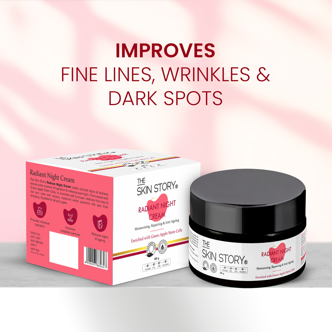 The Skin Story Radiant Night Cream 45g jar and box, improves fine lines, wrinkles and dark spots