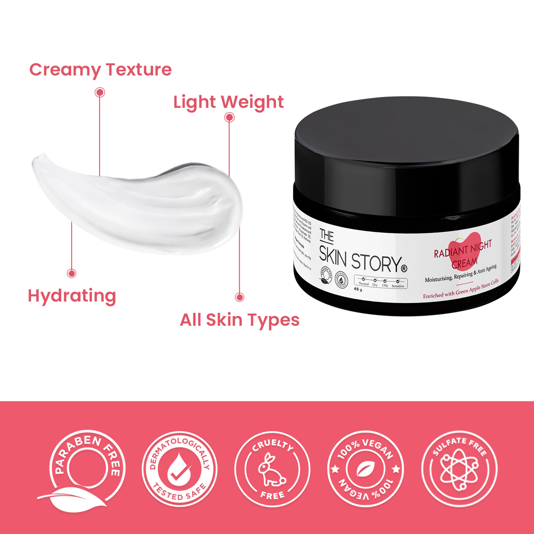 The Skin Story Radiant Night Cream 45g creamy lightweight texture, paraben free, vegan, cruelty free
