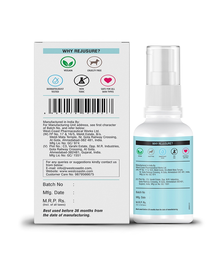 Rejusure Mandelic Acid 5% + Hyaluronic Acid 2% Face Serum 30 ml back label, vegan, cruelty free, dermatologist tested