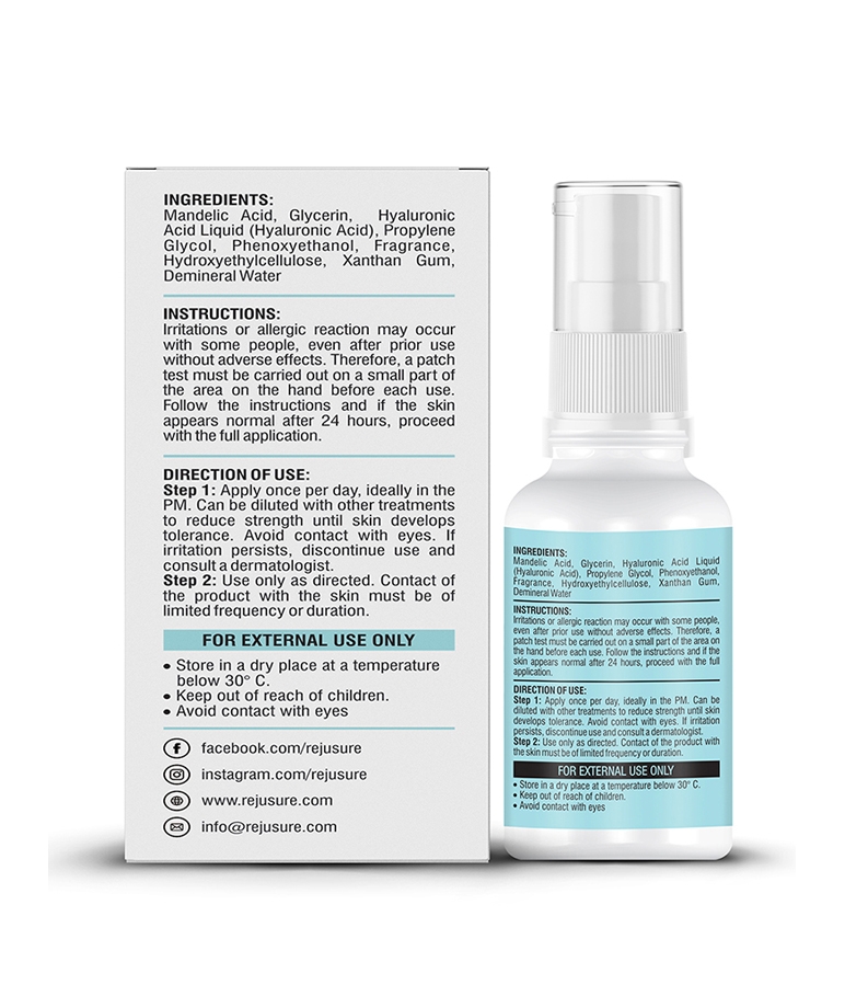 Rejusure Mandelic Acid 5% Hyaluronic Acid 2% Facial Serum ingredients list and direction of use on box and bottle