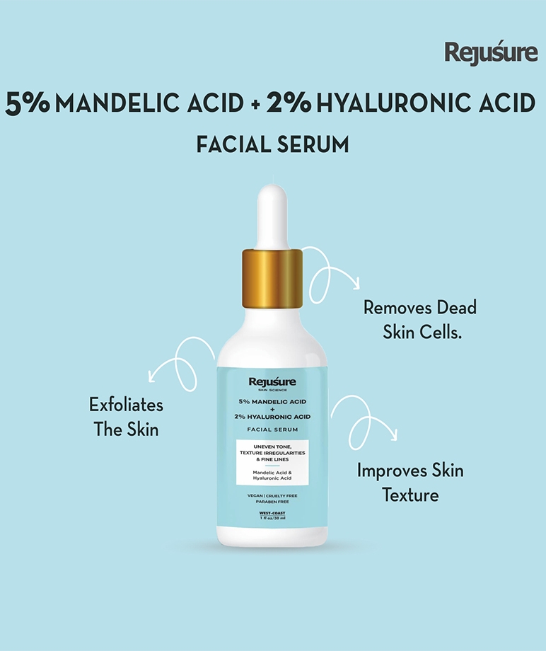 Rejusure 5% Mandelic Acid + 2% Hyaluronic Acid Facial Serum 30 ml front, exfoliates, improves skin texture