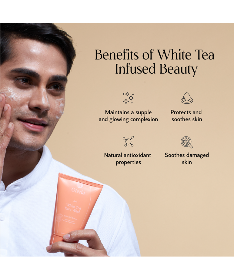 Oteria White Tea Face Wash lather on face, white tea infused benefits
