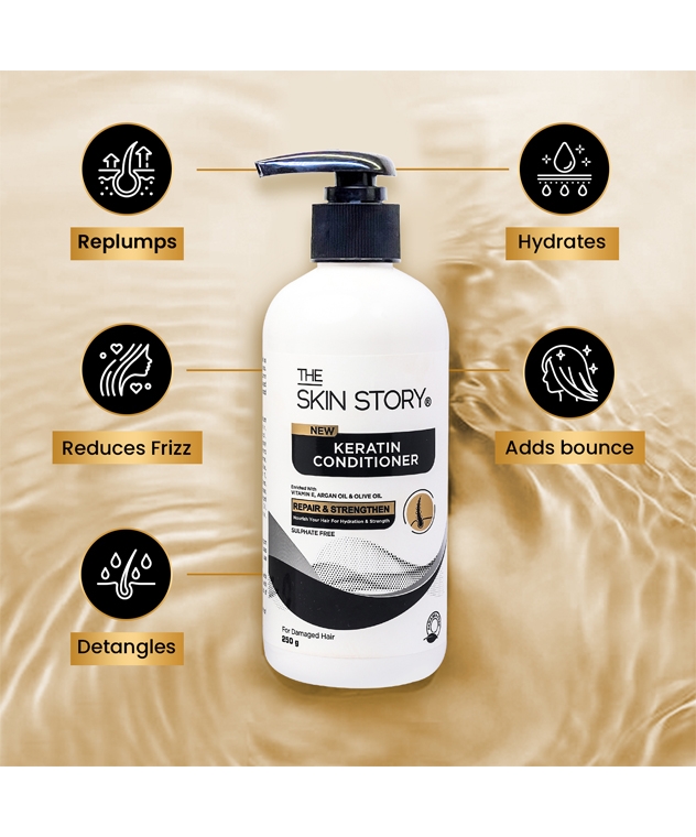 The Skin Story Keratin Conditioner 250g benefits: hydrates, reduces frizz, detangles, adds bounce