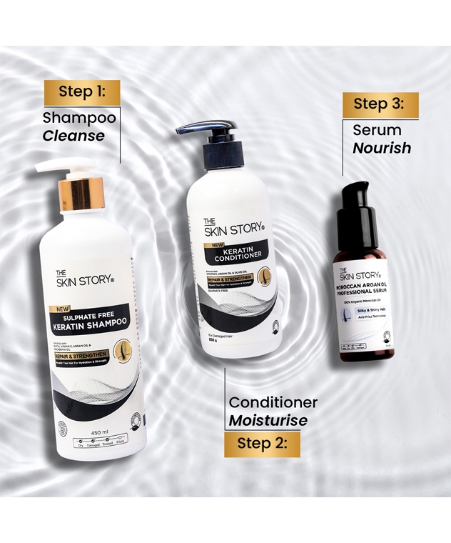 The Skin Story Keratin Shampoo, Keratin Conditioner 250g and Argan Oil Serum hair care routine