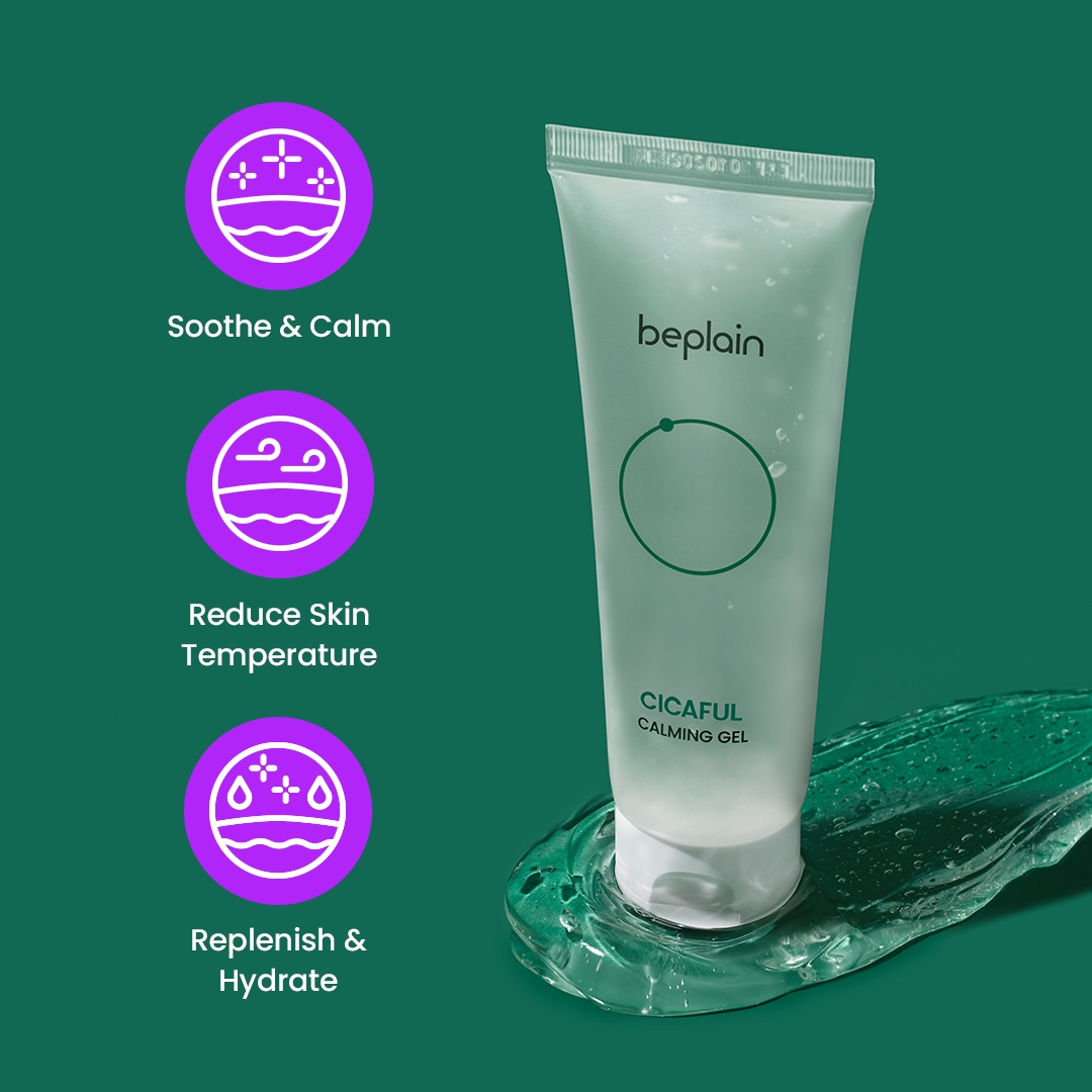 Beplain Cicaful Calming Gel benefits: soothe and calm, reduce skin temperature, replenish and hydrate