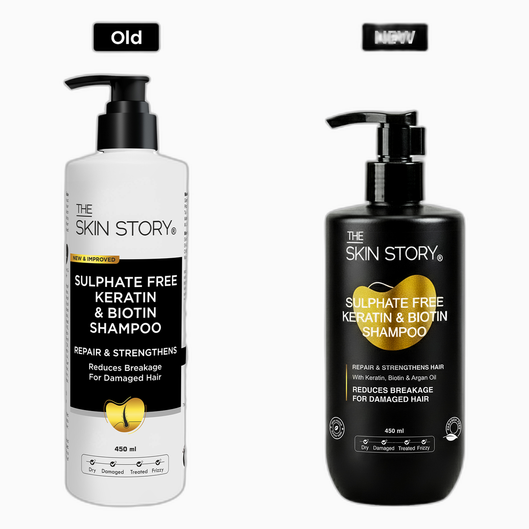 The Skin Story Sulfate Free Keratin & Biotin Shampoo 450ml old vs new black bottle packaging comparison
