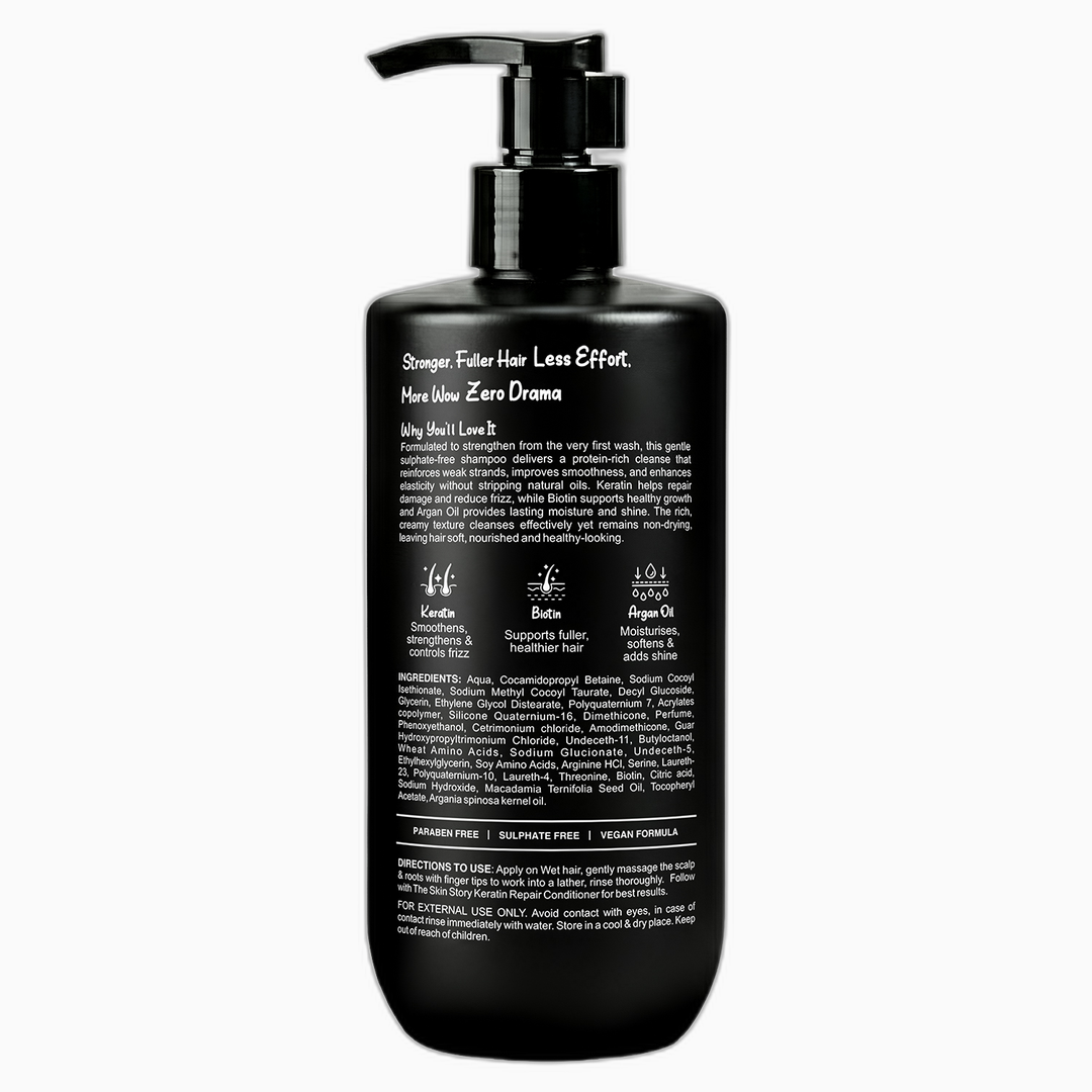 The Skin Story Sulfate Free Keratin & Biotin Shampoo 450ml back label with ingredients and directions
