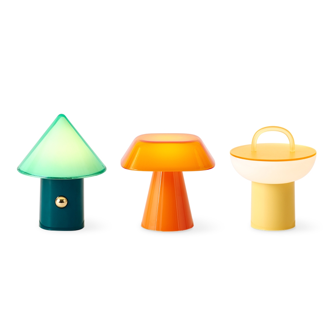 lumena SPACE S Mood Lamp CONE, ROOF and POT lineup in Pine Green, Sun Orange, Canary Yellow
