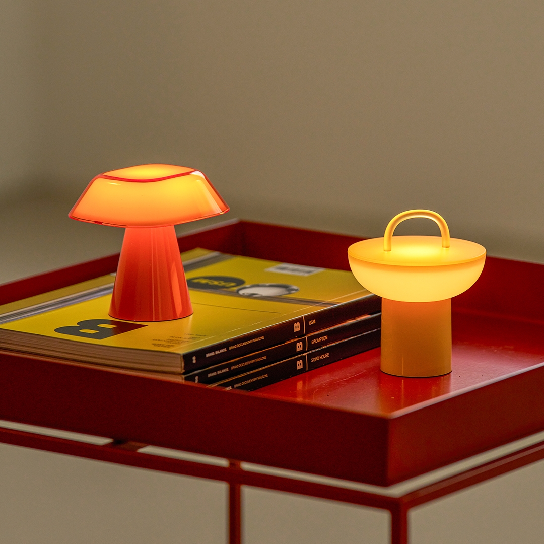 lumena SPACE S ROOF Sun Orange and POT Canary Yellow mood lamps lit side by side