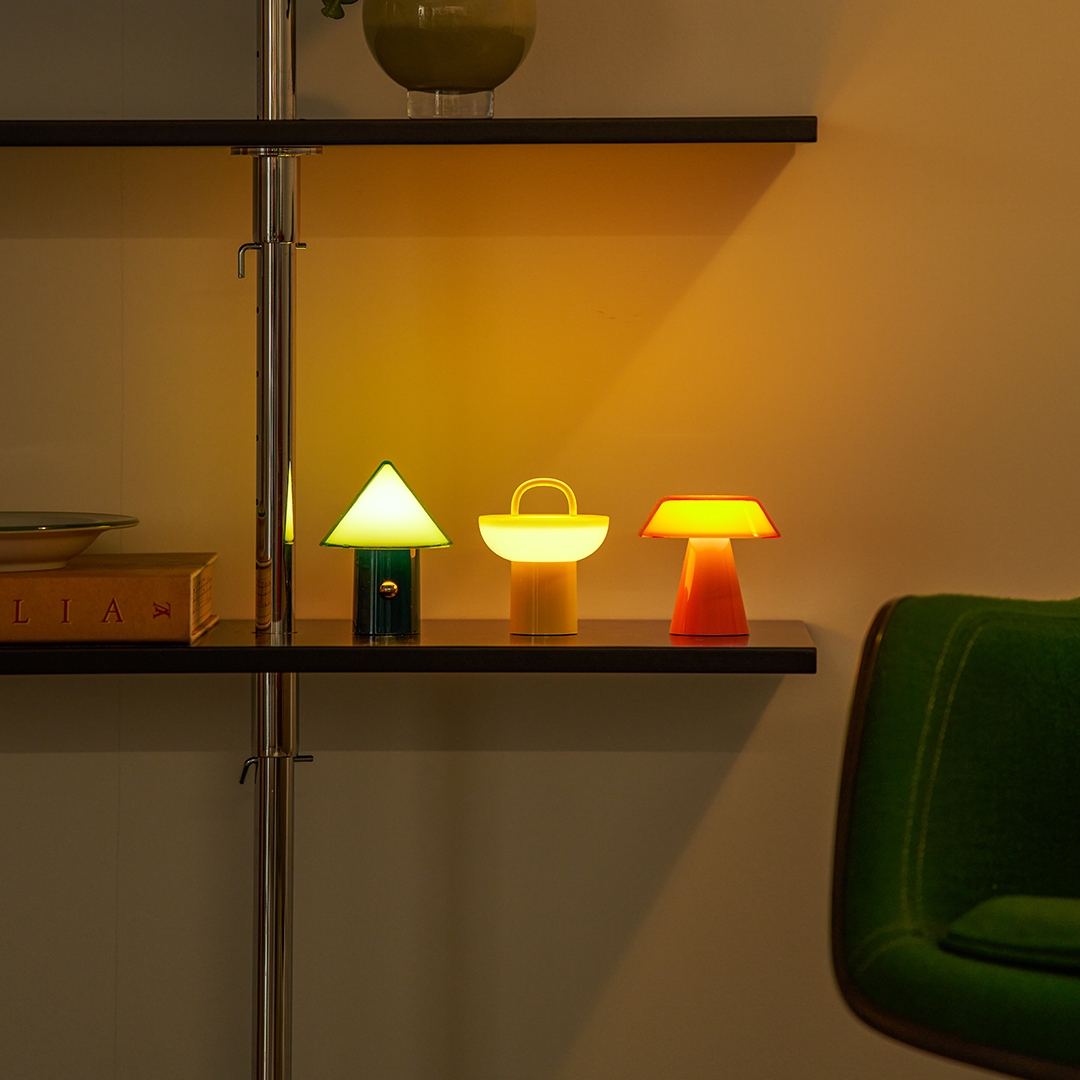 lumena SPACE S Mood Lamp Cone Pot Roof set lit on interior shelf