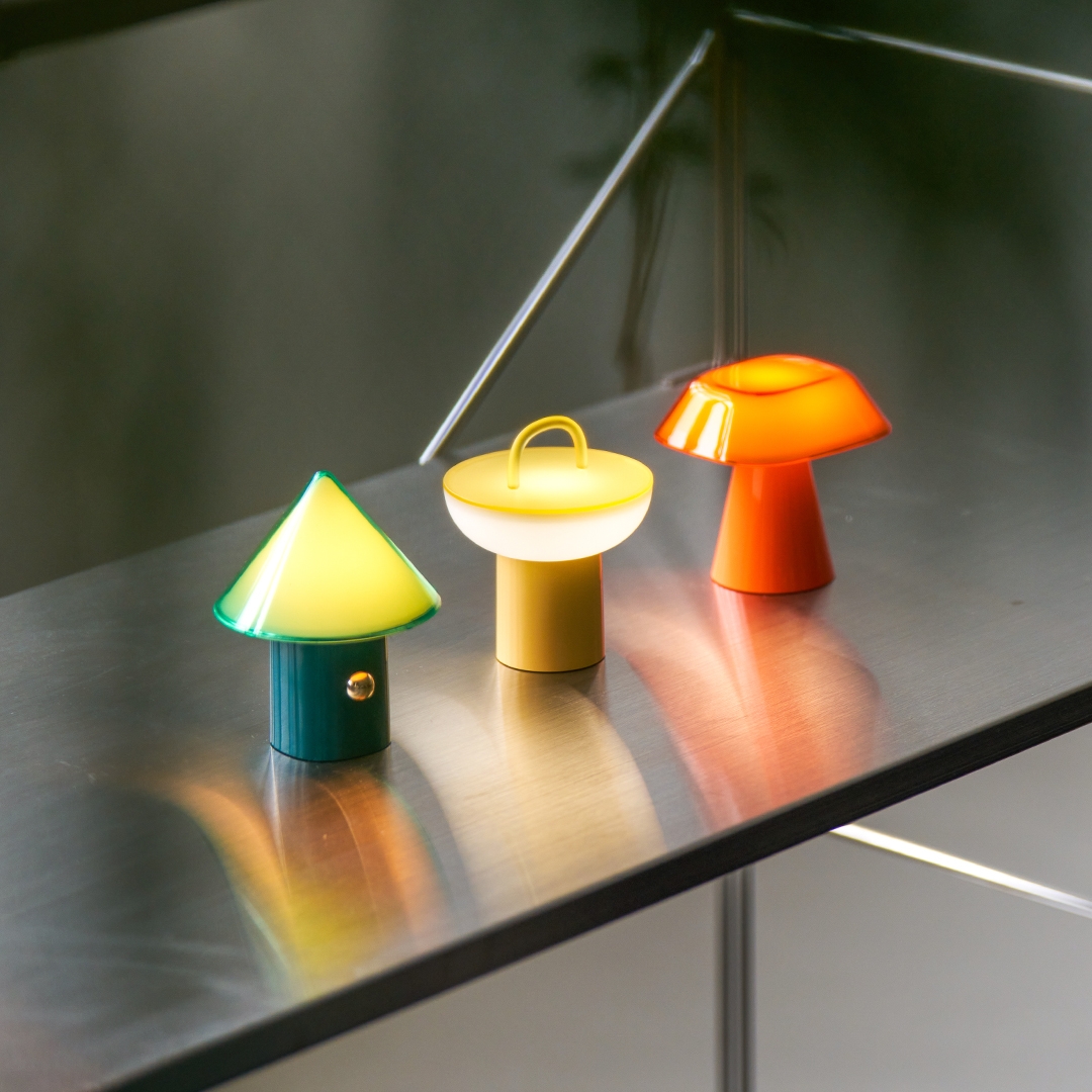 lumena SPACE S CONE Pine Green, POT and ROOF Sun Orange mini lamps glowing