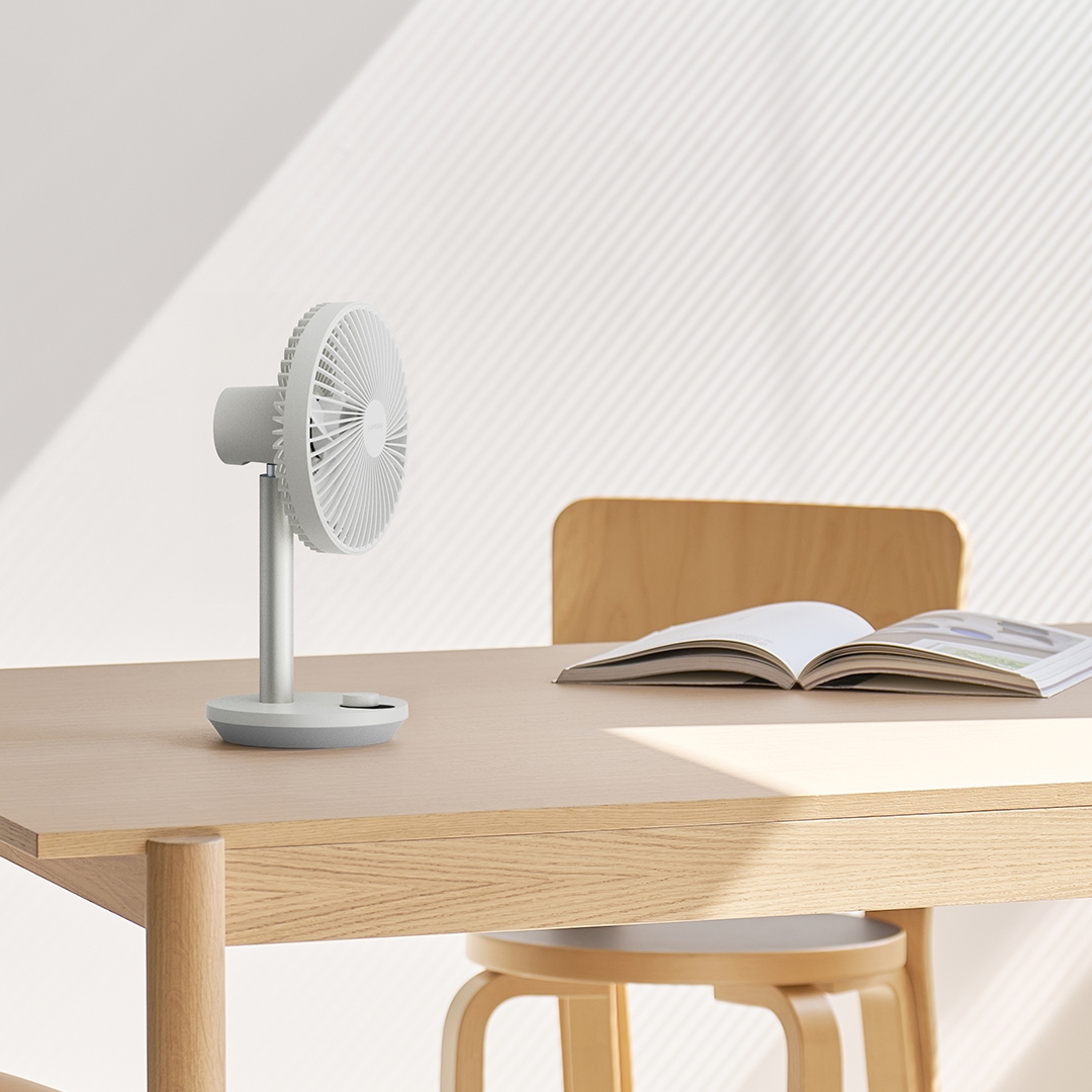lumena FAN STAND 4 PRO Satin Ivory desk fan side view with jog dial base