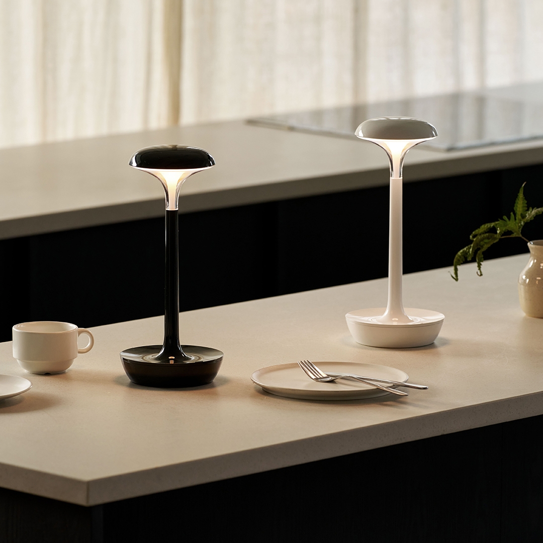 lumena SPACE ON PLUS table lamp dark and Glam White pair lit on kitchen counter