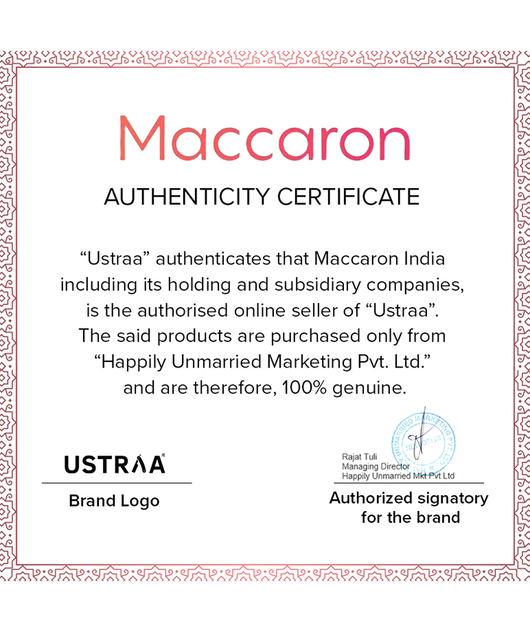 Ustraa authorised seller authenticity certificate from Maccaron India