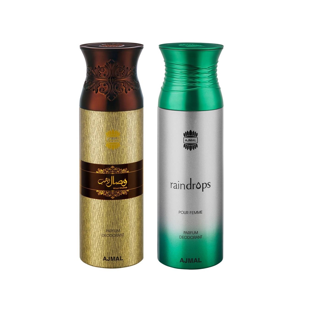 Ajmal Wisal Dhahab & Raindrops Deodorant Spray - For Men & Women (200 Ml, Pack Of 2)
