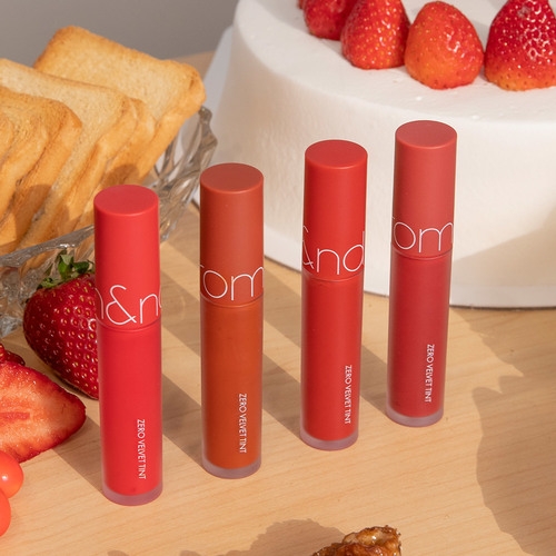 Rom&nd Zero Velvet Tint Baked Series 4-shade lineup of red and orange tubes