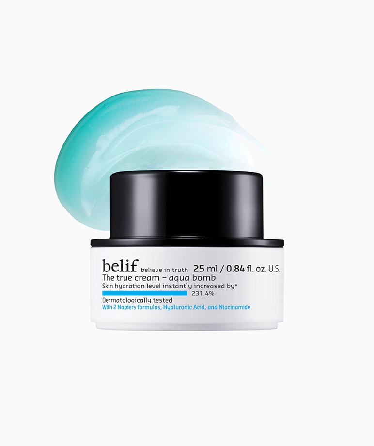 Belif The True Cream Aqua Bomb 25ml jar with cooling blue gel texture swatch