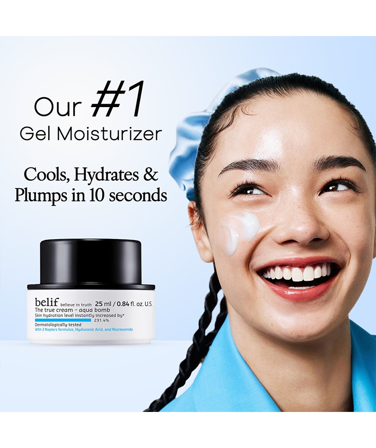 Belif The True Cream Aqua Bomb 25ml gel moisturizer applied on face, cools hydrates plumps in 10 seconds