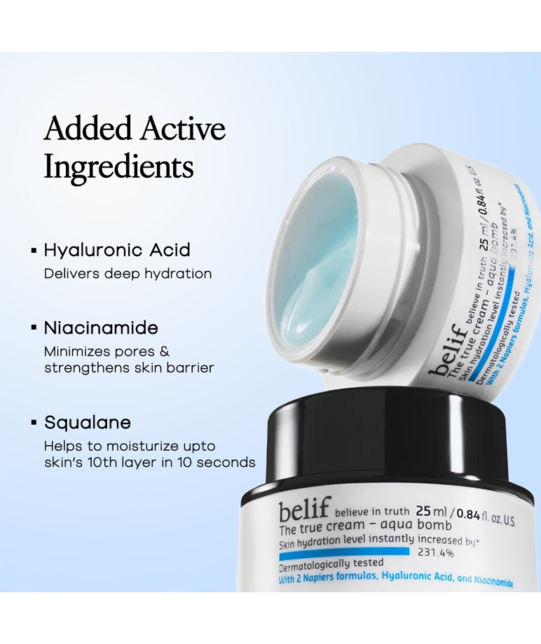 Belif The True Cream Aqua Bomb 25ml added active ingredients hyaluronic acid niacinamide squalane