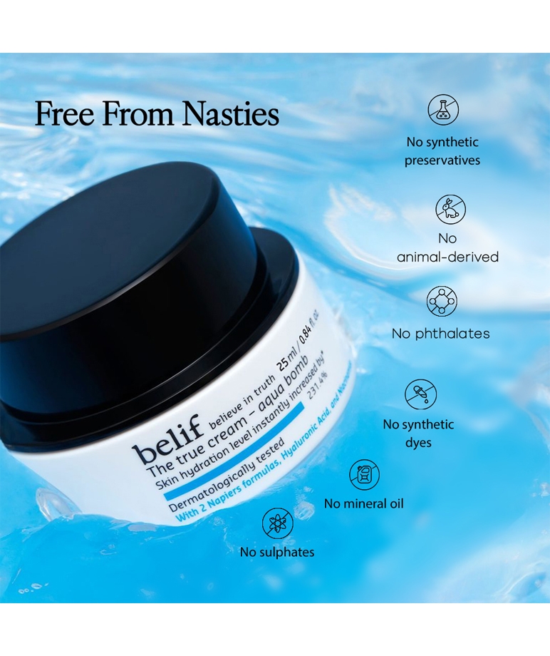 Belif The True Cream Aqua Bomb 25ml free from synthetic preservatives, phthalates, sulphates, mineral oil