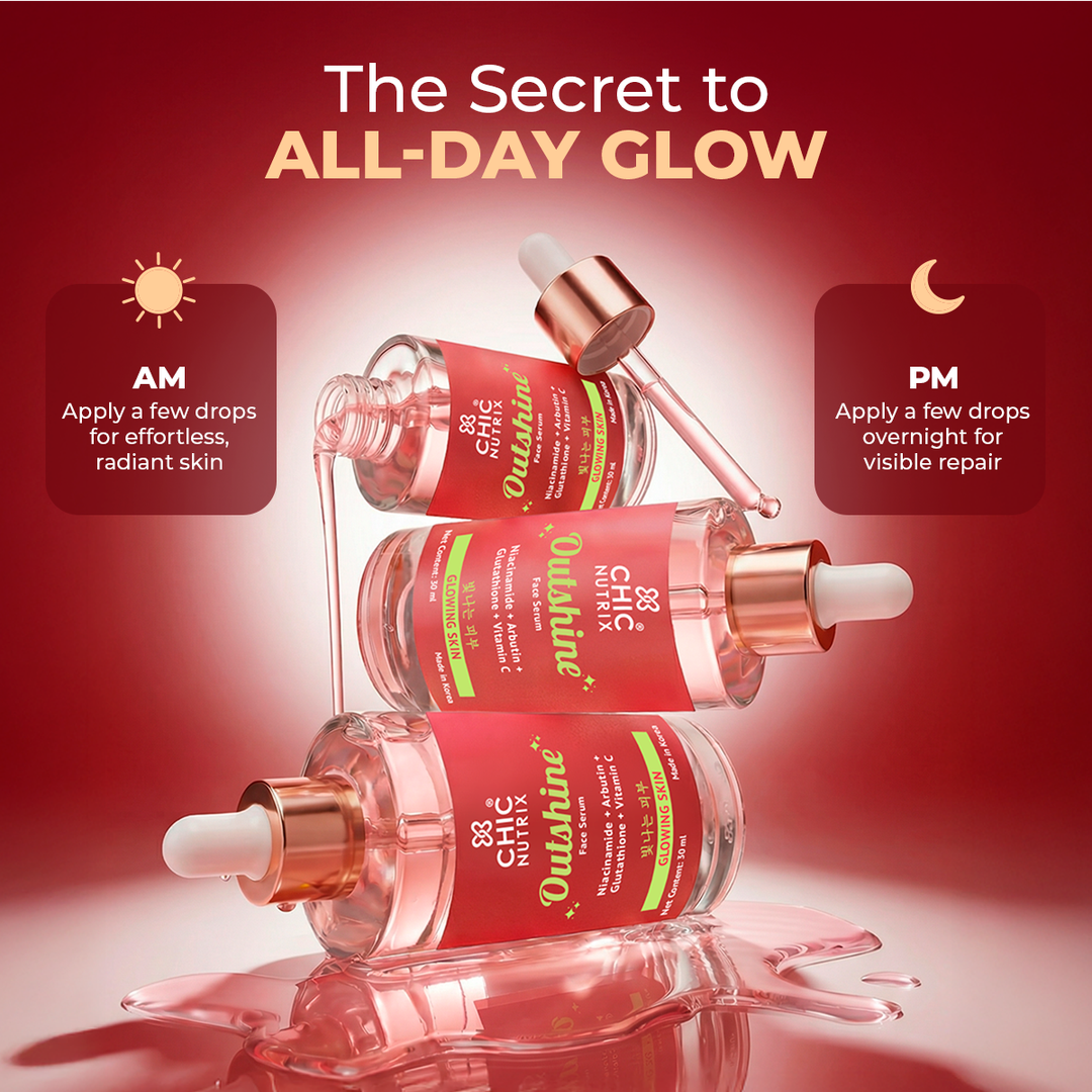 Chicnutrix Outshine Serum AM and PM routine how to use, few drops morning and overnight