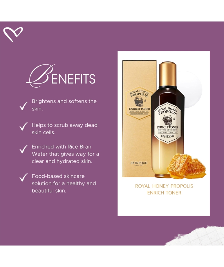 Skinfood Royal Honey Propolis Enrich Toner benefits list with box and bottle