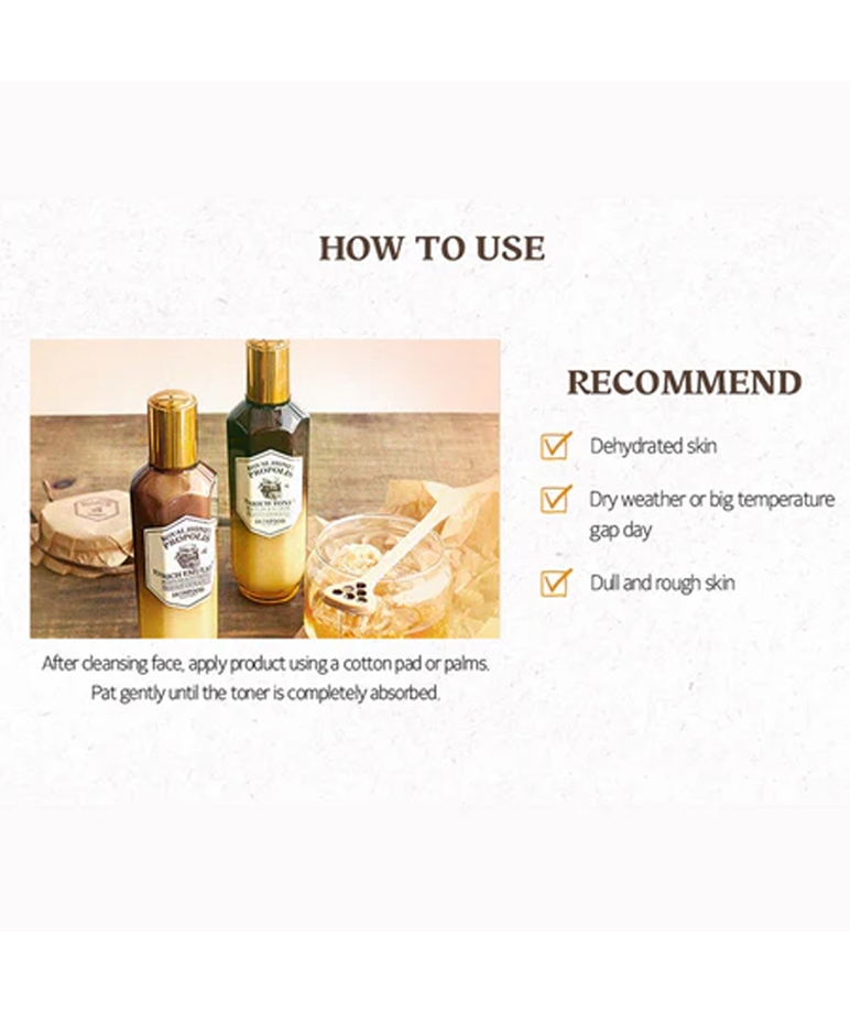 Skinfood Royal Honey Propolis Enrich Toner how to use and recommended skin concerns
